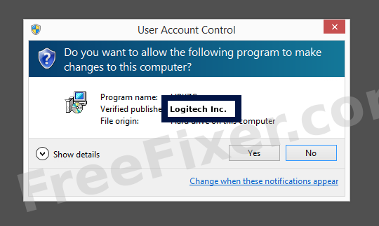Screenshot where Logitech Inc. appears as the verified publisher in the UAC dialog